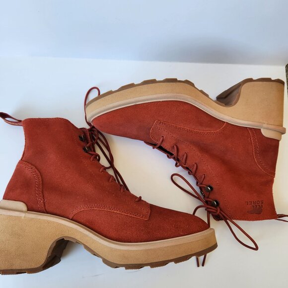 Sorel Hi-Line Heel Suede Lace-Up Platform Boots Orange Rust Red Fall Winter 9.5 - Picture 6 of 10